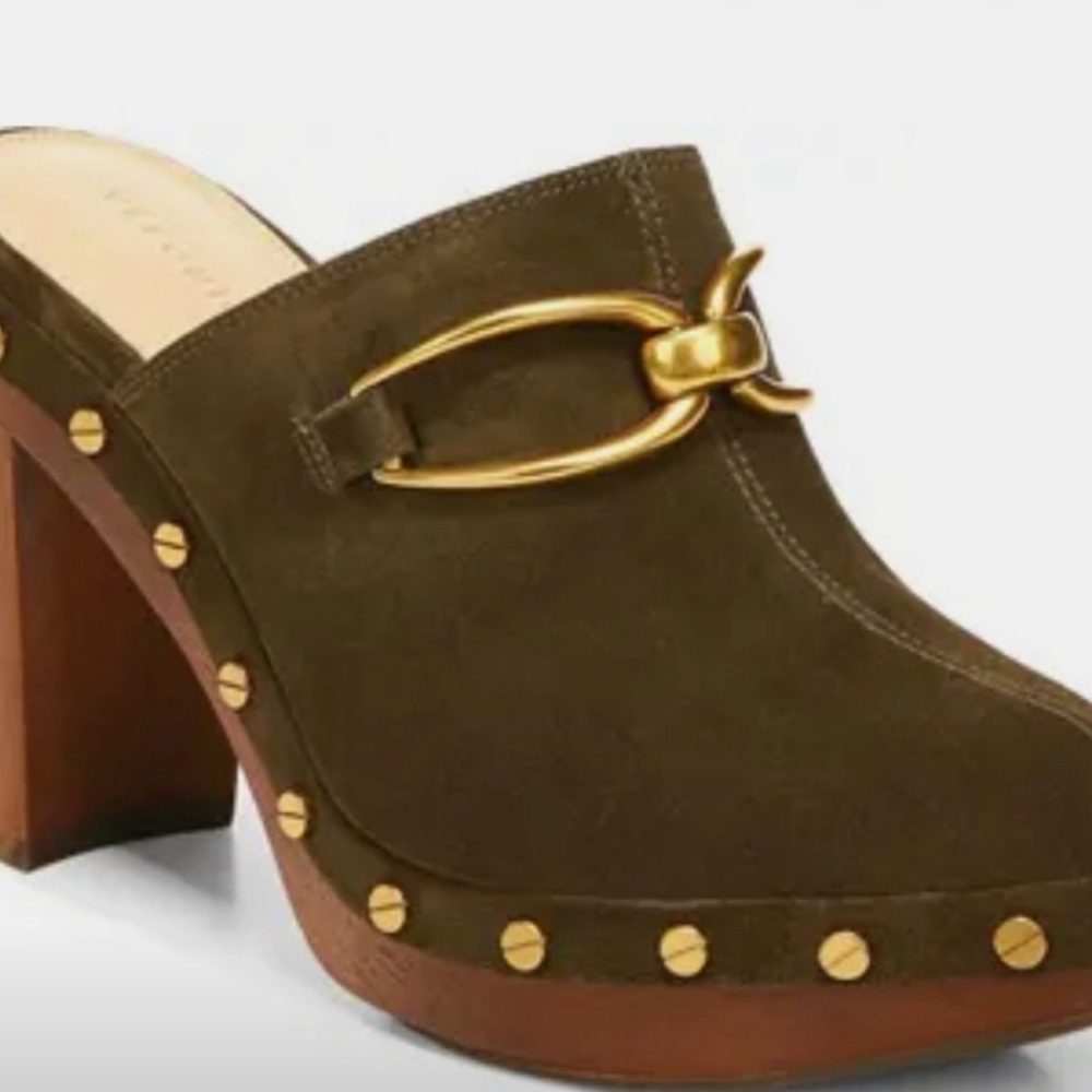 NEW Veronica Beard Giles suede studded platform clogs, military green, size 9.5